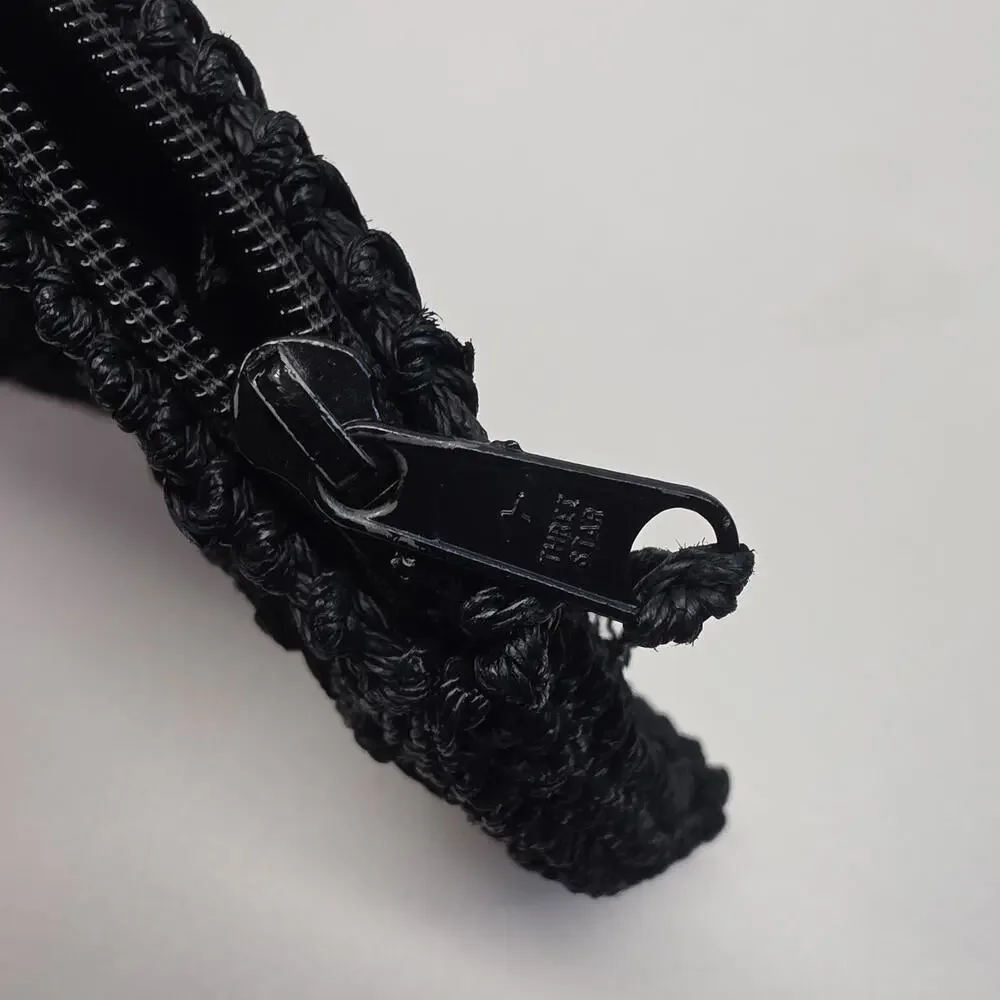 Vintage 1950s Black Cord Crochet Woven Clutch Handbag Purse Zip Retro MCM Japan